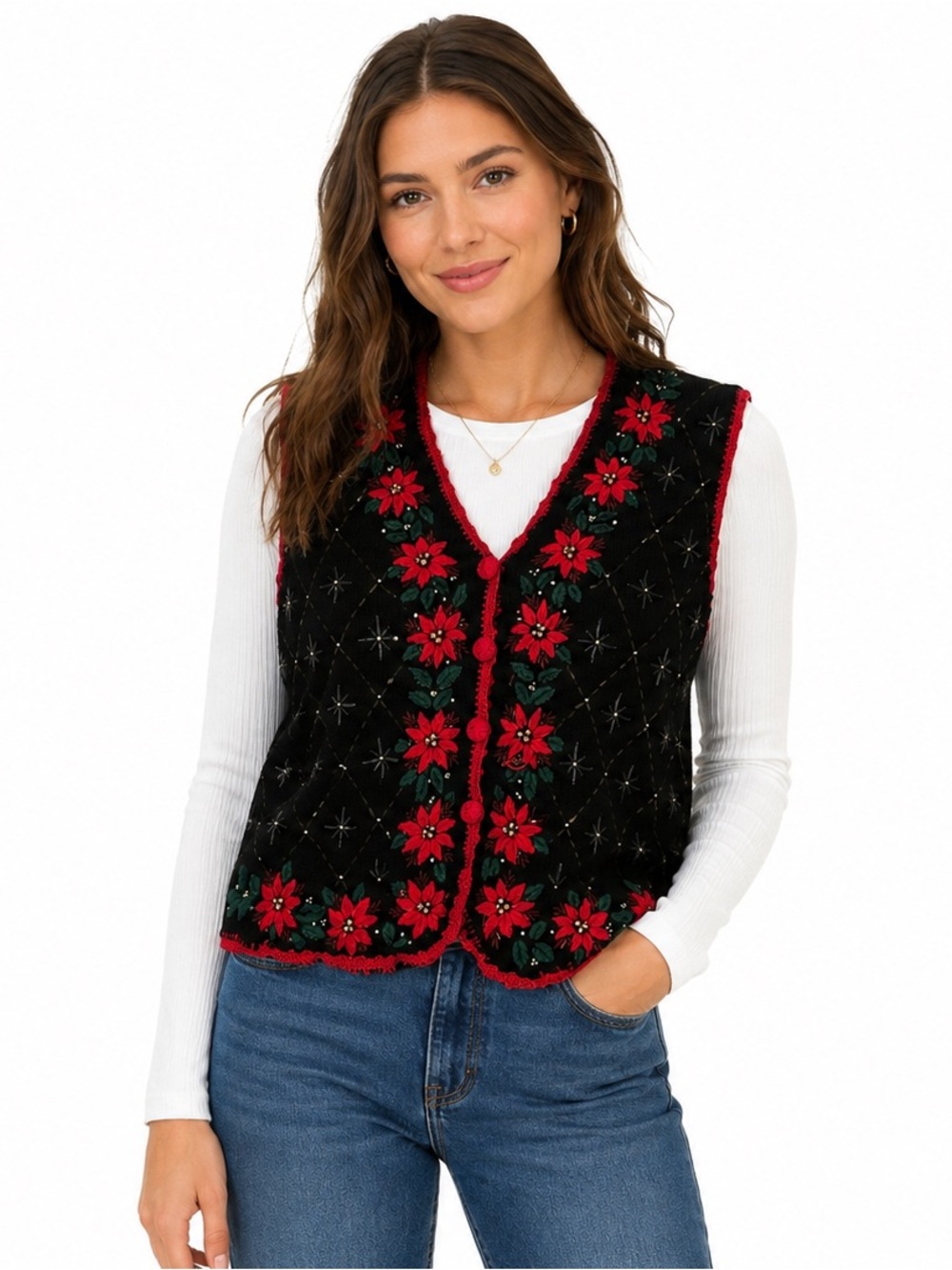 Work In Progress Vintage Christmas Poinsettia Beaded Sweater Vest | Size Large